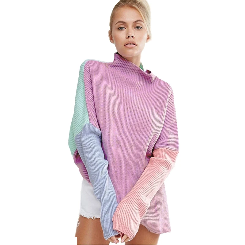 

High Neck Jumper With Eyes Embroidery In Color Block Sweater Bat-wing Sleeves Loose Leisure Pullover TA02800052