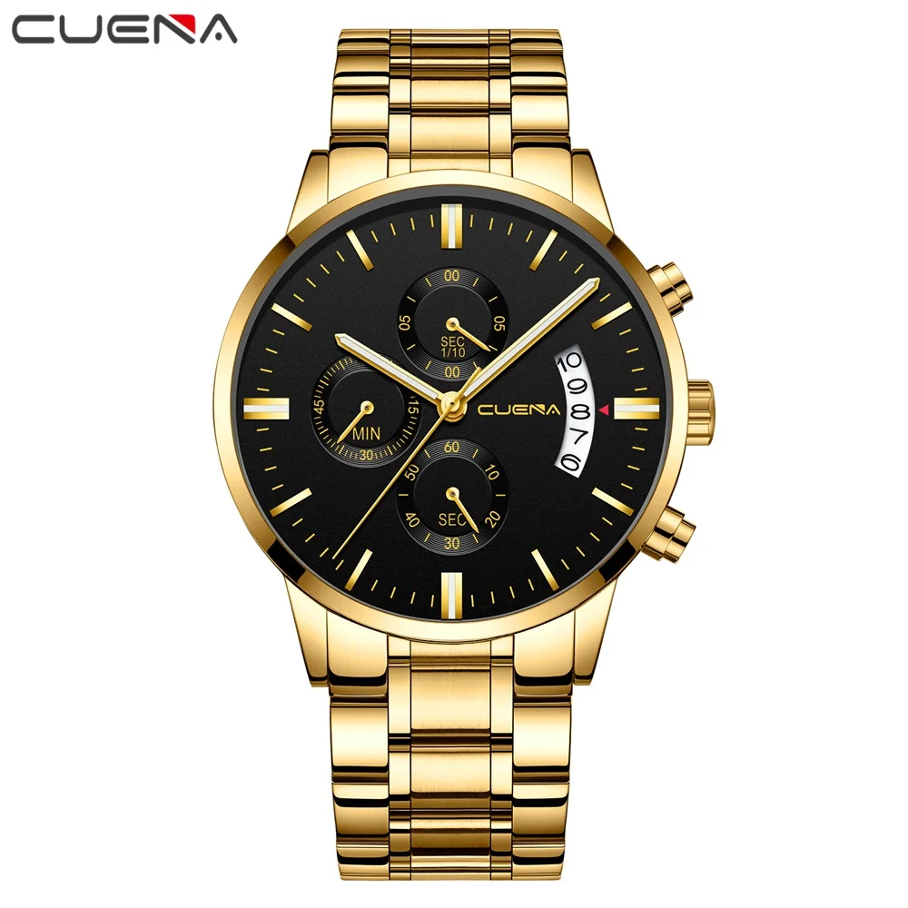 CUENA модные хронограф сталь часы для мужчин часы дисплей дата светящиеся кварцевые наручные часы Relogio Masculino Montre Homme - Цвет: gold black