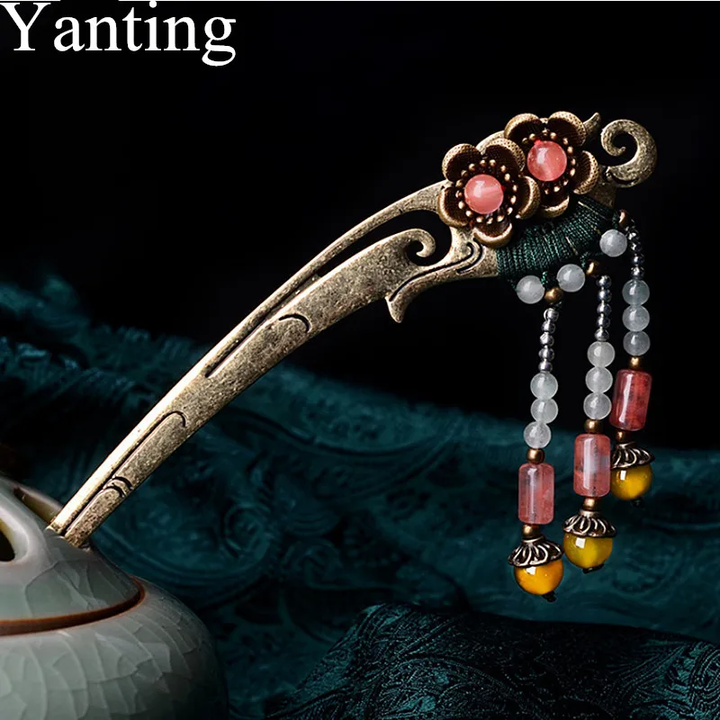 

Yanting Ethnic Hair Stick For Women Copper Alloy Hair Jewelry Watermelon Crystal Aventurine Tassel Classic Palace Hairpin 025