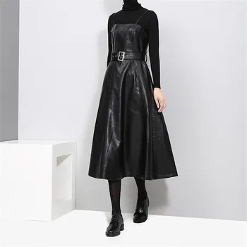 

Autumn Korean Retro Punk Zipper High Waist Swing Dress Sexy A Line Strap PU Leather Dress Sleeveless Sashed Tea Black Dresses