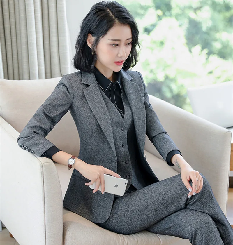 Элегантный формальный костюм женские брючные костюмы Офисная Дамская деловая работа Блейзер Комплект женский жакет с разрезом брюки 2 шт пальто брюки - Цвет: grey pant suit