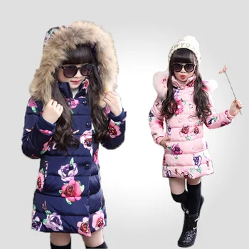 

2020 New Girls Winter Fur Hooded Coat Children Jackets Cotton Parkas Kids Winter Outerwear Thicken Warm Clothes Flower Print