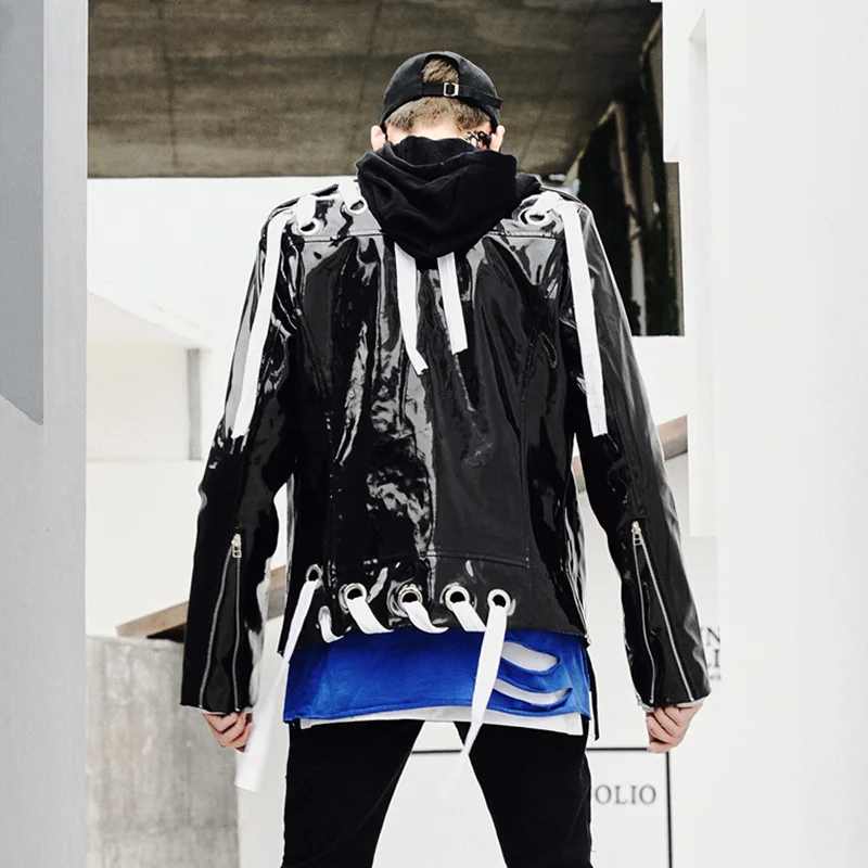 

Men autumn winter bright leather hip hop punk jacket nightclub singer stage costume men biker motercycle PU leather jackets coat