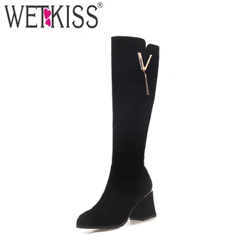 

WETKISS Knee High Women Boots Round Toe Tassel Footwear Casual High Heels Female Boot Winter Flock Shoes Women 2018 Plus Size 43