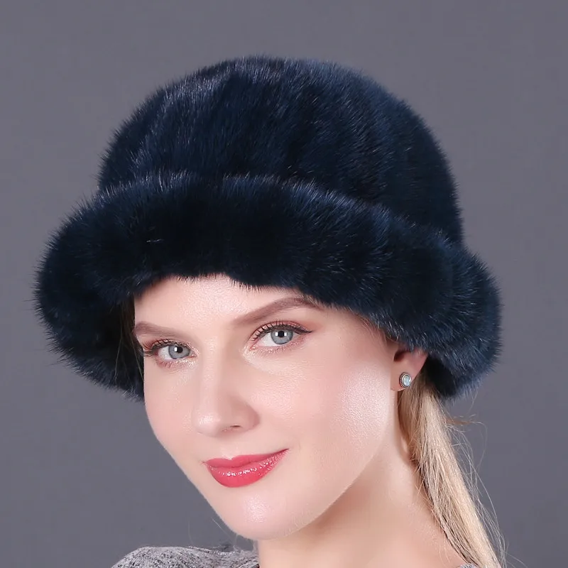 Mink Fur Bucket Hat Fashion Winter Solid Color Real Animals Fur Thicken Protective Headwear Female Natural Mink Fur Buckets Cap - Цвет: color5