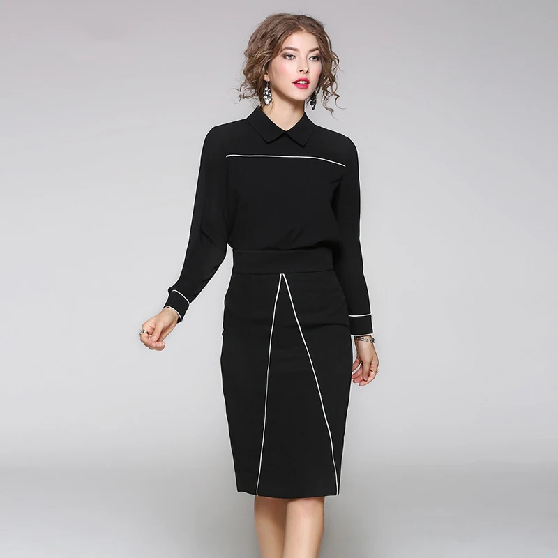 

European American Summer Women Street Style Casual Twin Set Blouse A-line Skirt Slim Black 2 Pieces Set OL Fashion Black Outfits