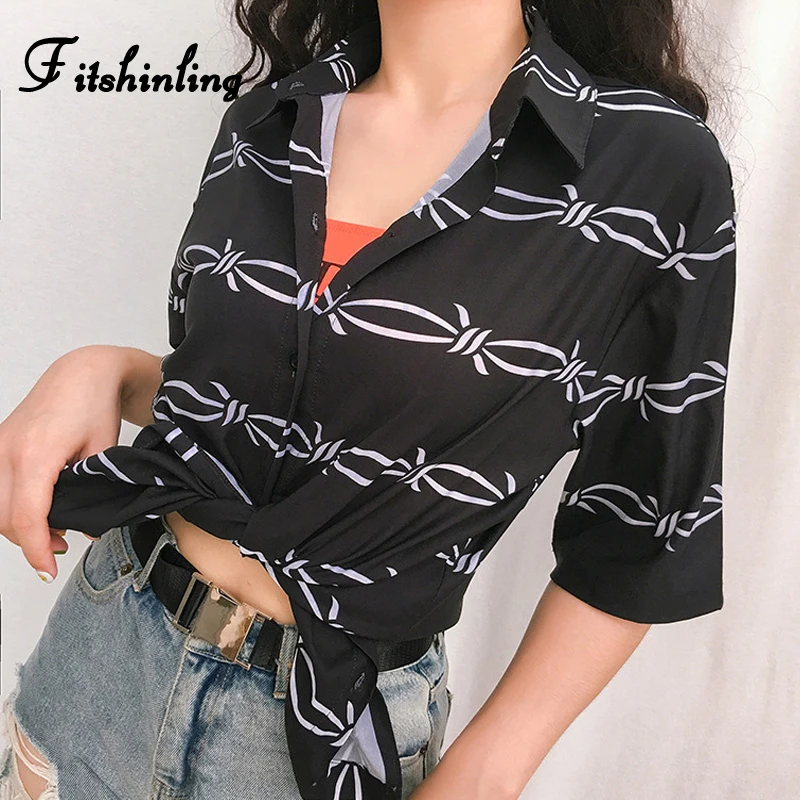 

Fitshinling BF style streetwear women blouses tops summer print black loose female shirt fashion short sleeve long blouse sale