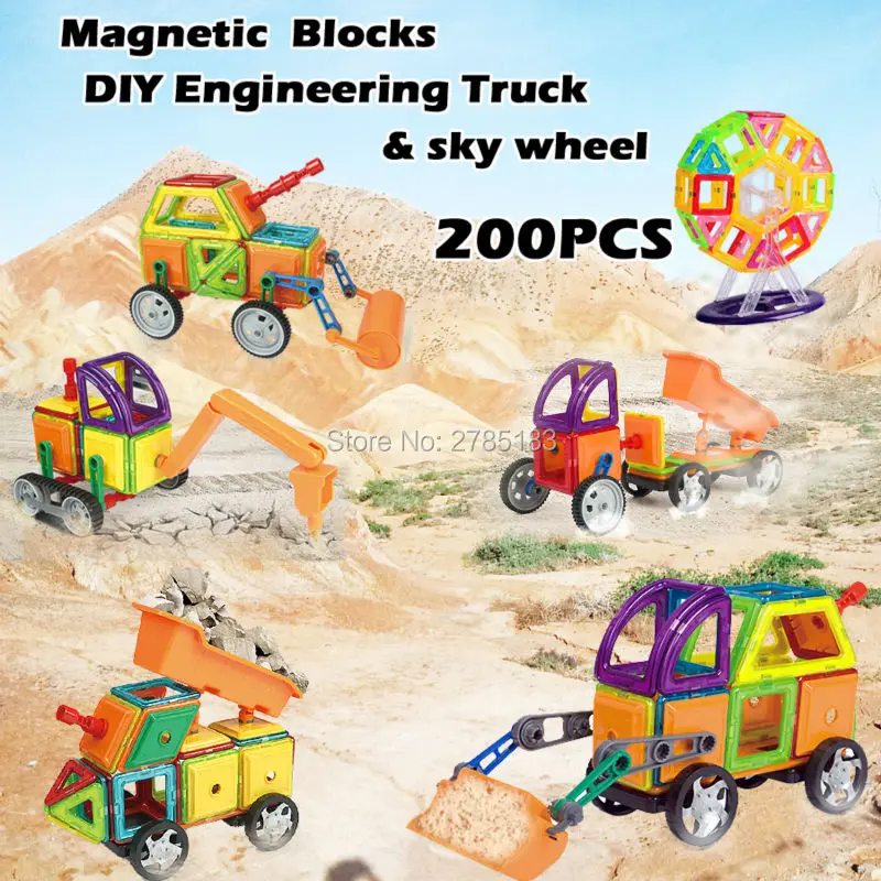 

200PCS Magnetic Designer Blocks Toys Educational Blocks Assemble Construction Bricks Engineering Truck and sky wheel Model Kits