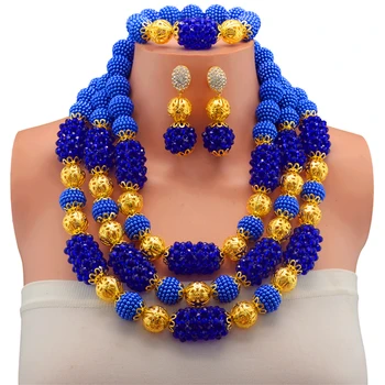 

Women Wedding African Beads New Jewelry Sets Gold-color Blue Crystal Pendant Necklace Earrings Party Accessories