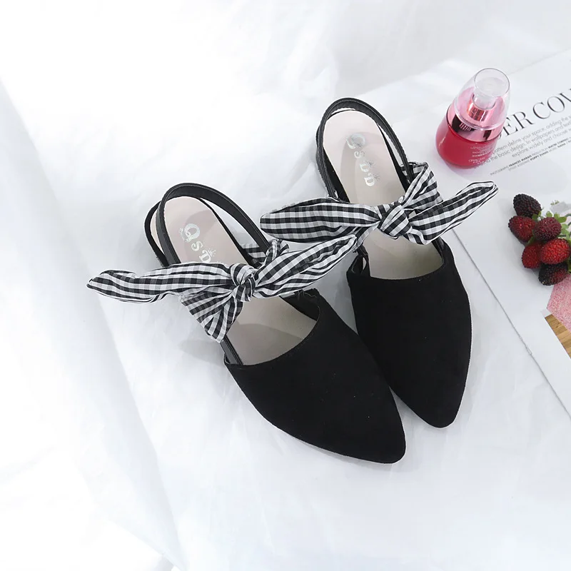 Fashion Leisure Women Closed Toe Back Strap Sandals Hoof Heels Low Ankle Strap Women Shoes Butterfly-knot Plaid Sandals