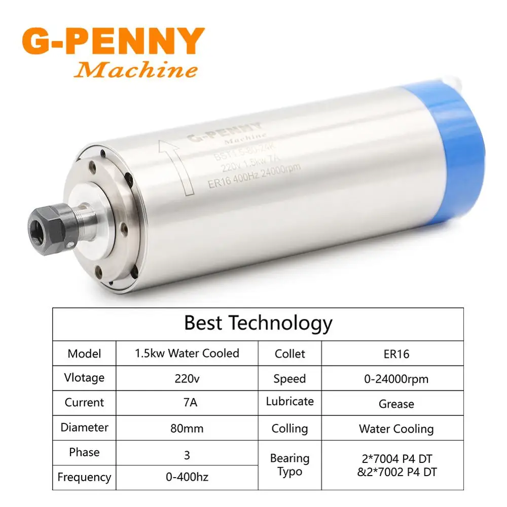 G-PENNY CNC 1.5KW 80 мм шпиндель с водяным охлаждением ER16 400 Гц шпиндель с водяным охлаждением 80x220 мм 4 подшипники с ЧПУ мотор шпинделя для гравировки