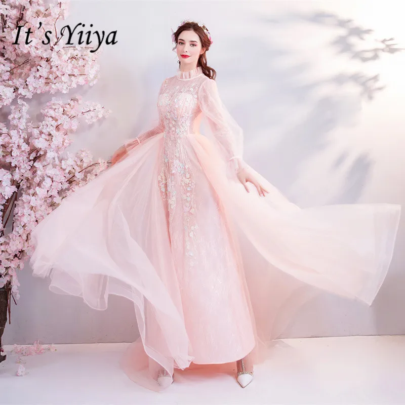 

It's YiiYa Pink Evening Dress Flowers Embroidery Long Sleeve Formal Prom Dresses Illsion Beading Pealrs Lace Party Gowns E174