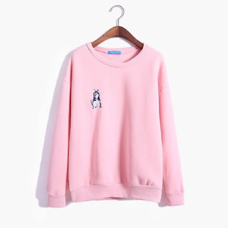 

2019 Kawaii Women Fall New Fleece Husky Embroidery Pullover Harajuku Sweatshirt Thickening Cute Korean Female Fleece Svitshot
