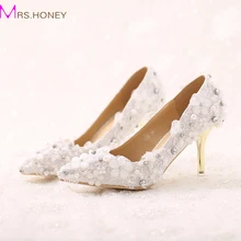 Schöne Weiße Spitze Blume Braut Schuhe Spitz Pfennigabsätzen Formelle kleidung Schuhe Hochzeit Event Party Schuhe Dame Prom Heels