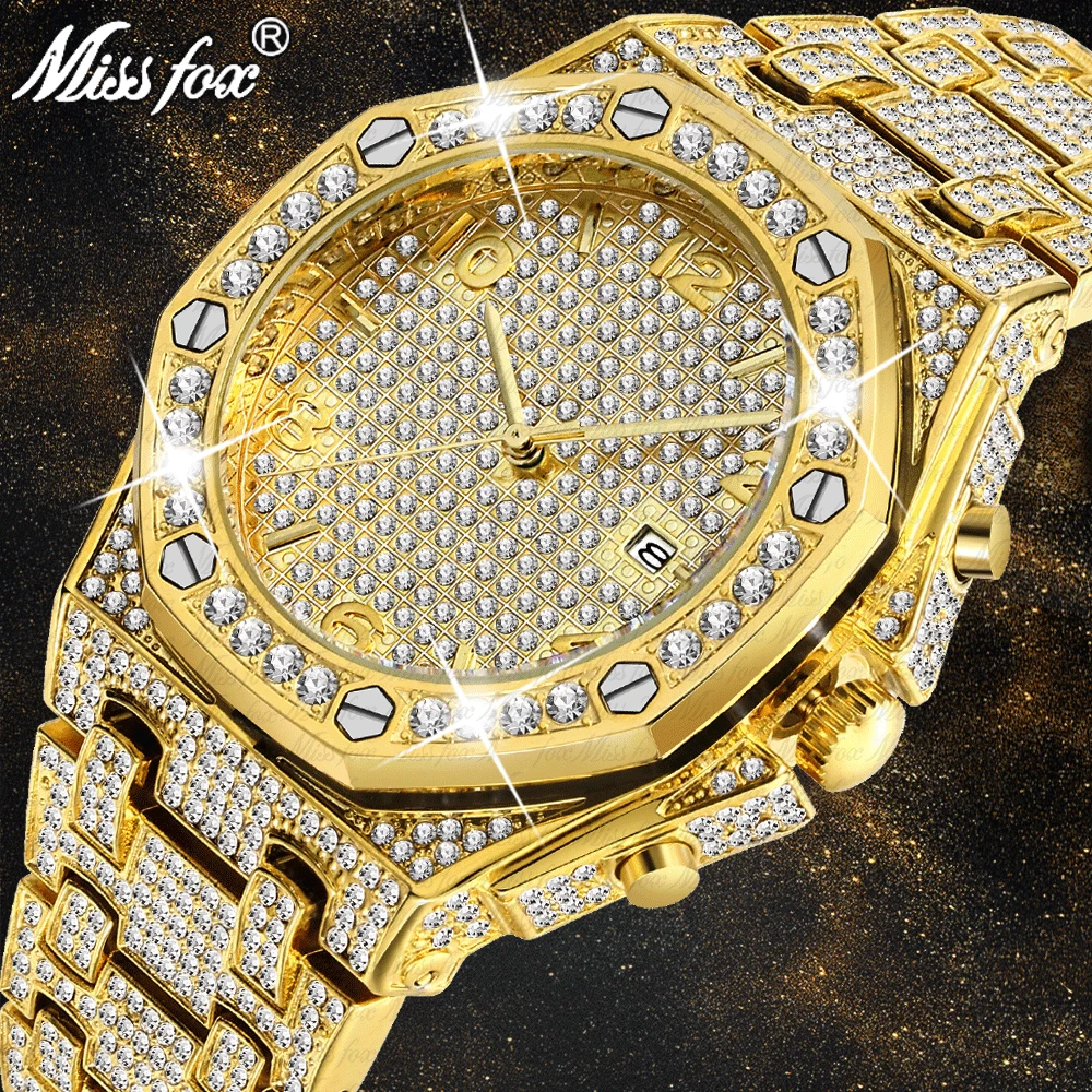 

relogio 2019 MISS FOX new gold full diamond watch TOP luxury waterproof men's quartz stainless steel Large dial watch Mens AAA