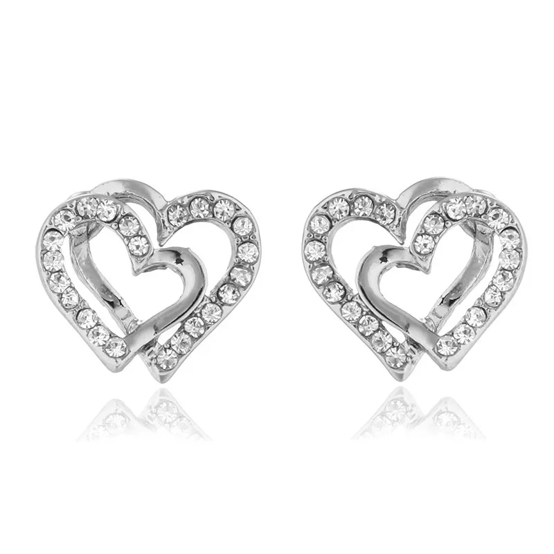 

Wholesale New Jewelry Rhinestone Double Hearts Stud Earrings Elegent design For women Wedding Jewelry