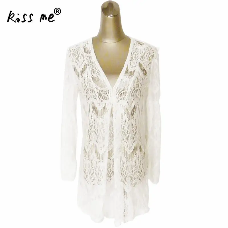 Sexy Loose Female Cardigan White Hollow Beach Cover Up Women's Tunic