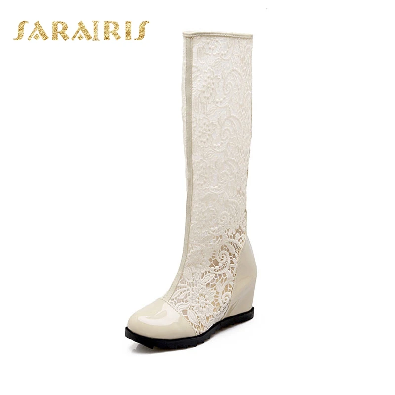 SaraIris/Женская дышащая обувь на высокой танкетке со шнуровкой женские летние сапоги до колена на резиновой подошве