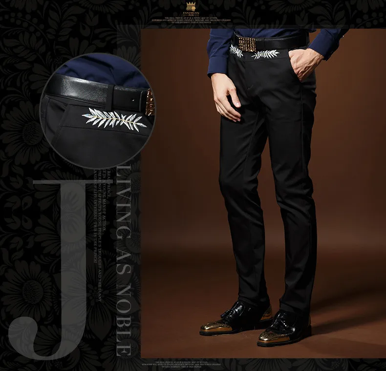 Fnazhuan Новое поступление мужские модные мужские повседневные весенние узкие брюки черного цвета с вышивкой железные брюки 618052
