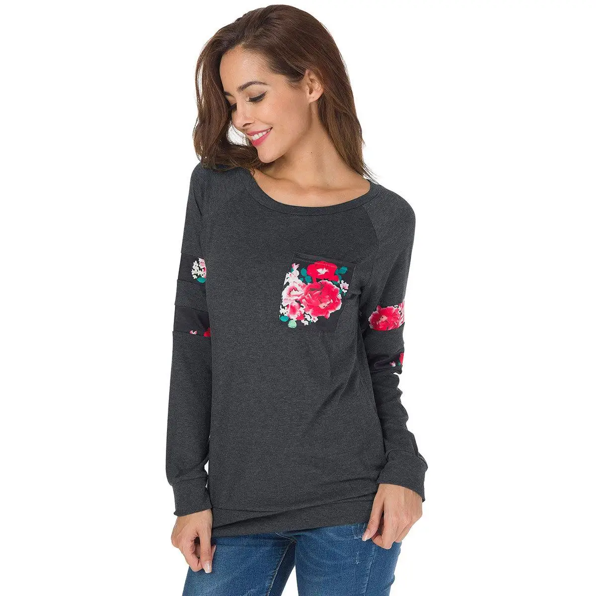 Hot 2017 Round Neck Long Sleeve Women Shirts Flower