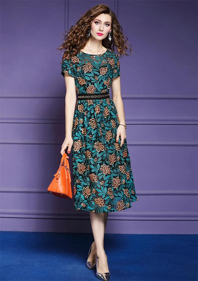 Elegant Vintage Lace Office Floral A-line Dress