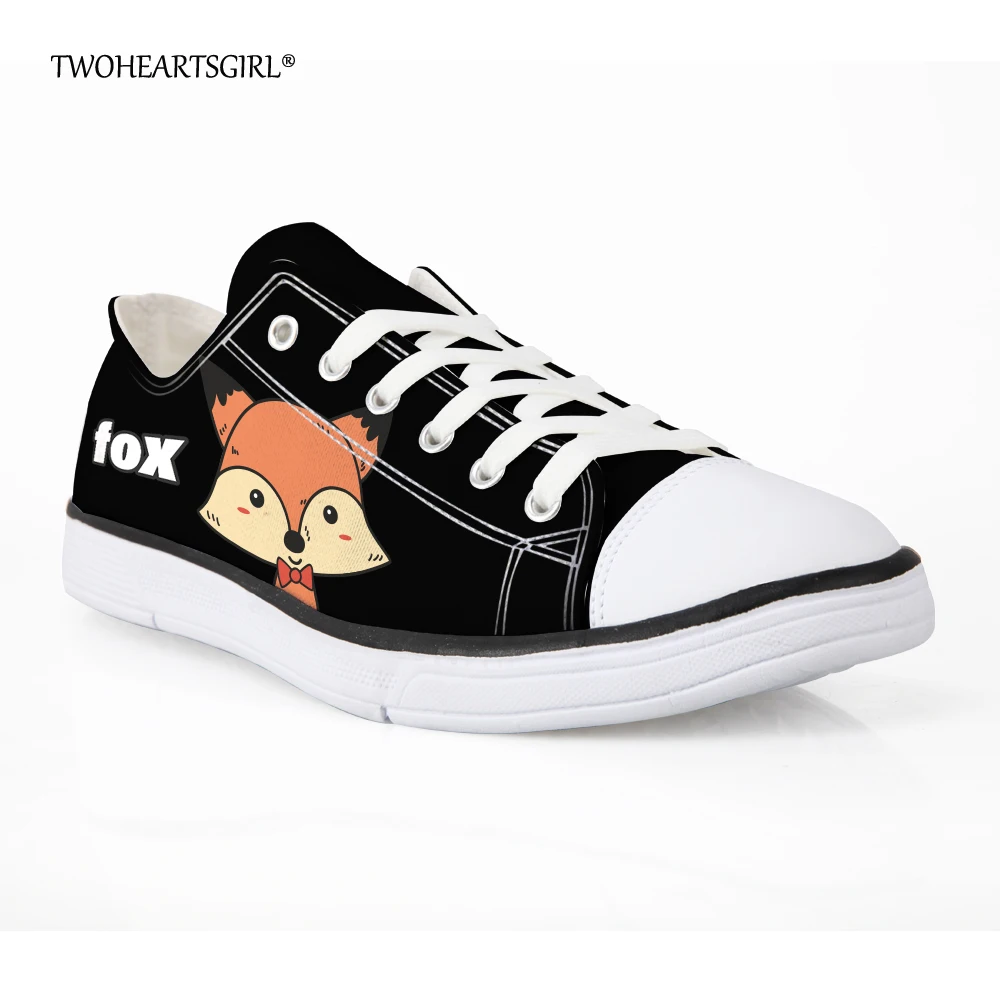 

Twoheartsgirl Black Low Style Women's Vulcanize Shoes Unique Cartoon Fox Rabbit Canvas Shoes Comfortable Ladies Flat Street Shoe