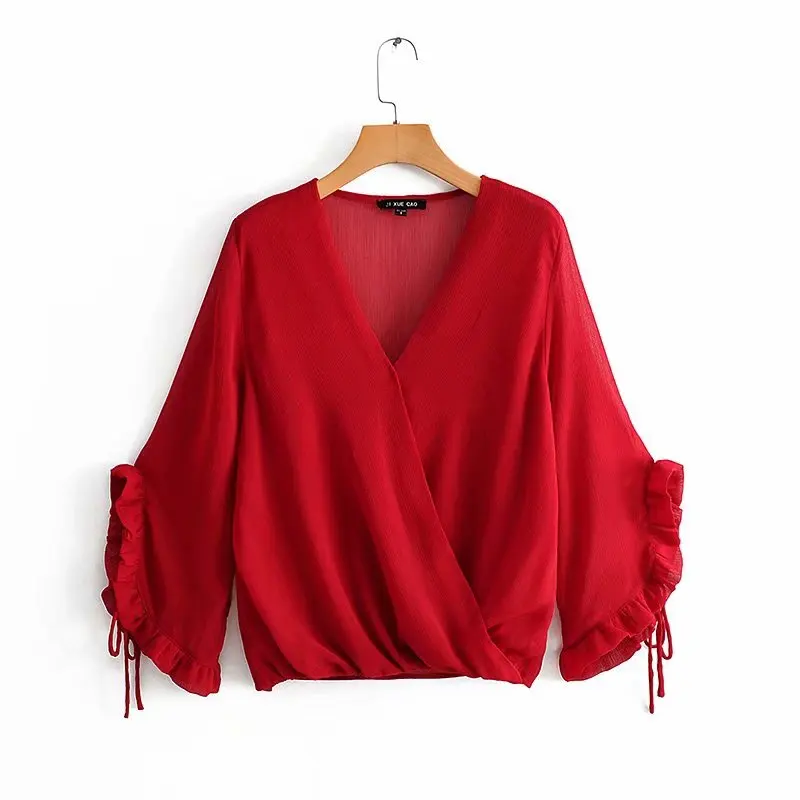 

2019 women vintage butterfly sleeve laminated ruffles decoration kimono shirt cross v neck red blouse casual blusas tops LS3968