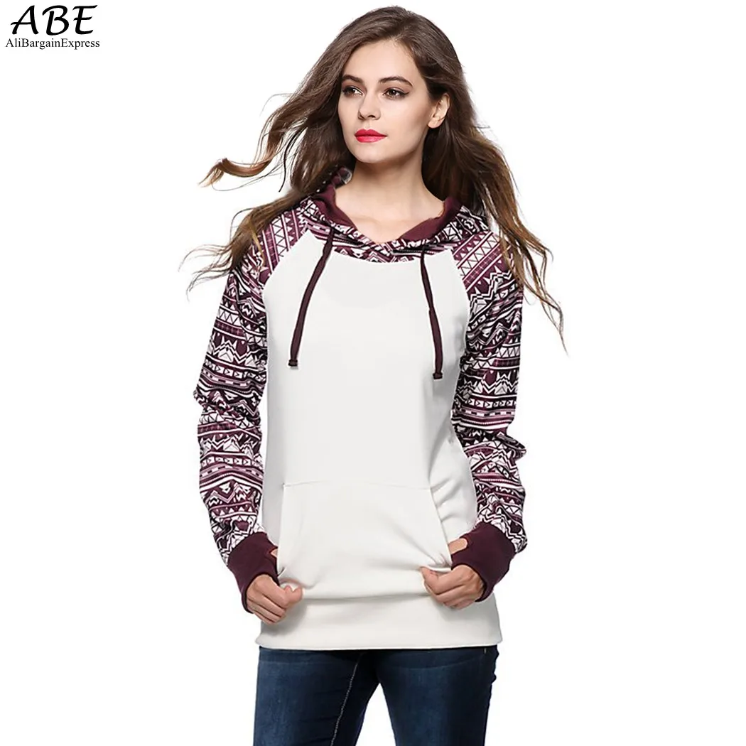Stylish Girls Women Casual Long Sleeve Geometrical Printed Hooded