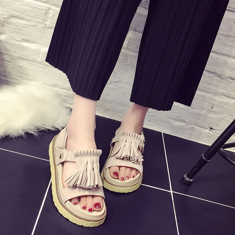 

Open Toe Front Rear Strap Flat with Platform Sandals Women Fringe Solid Ladies Shoes Buckle Strap Casual Basic Sandals