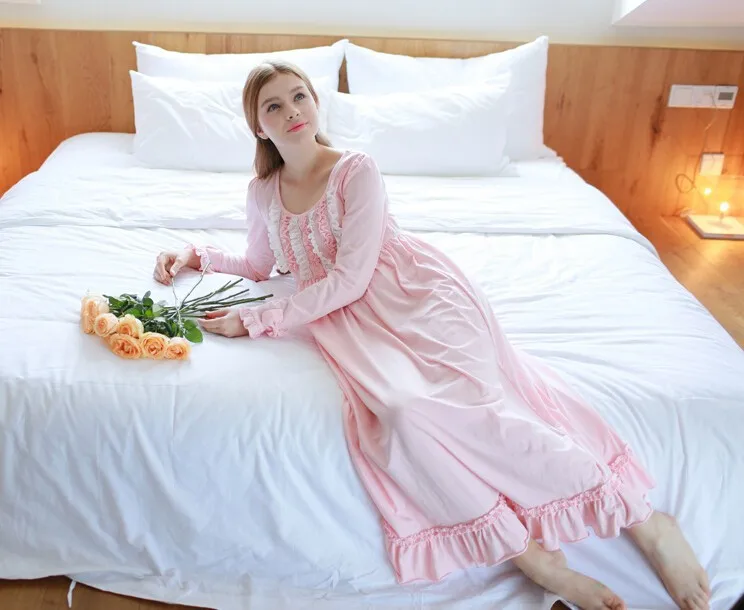 Новинка, осенняя Женская длинная розовая пижама, домашняя одежда, ночная рубашка с кружевным бантом, ночная рубашка из хлопка