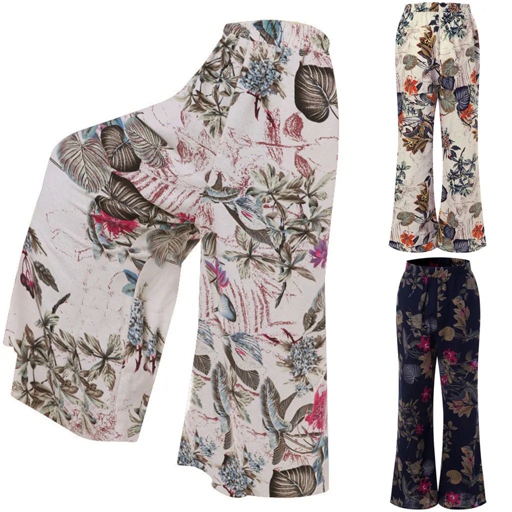 

TOPS Womens Plus Size Casual Floral Flared Pants Vintage Baggy Wide Leg Pants Long Trousers 2019