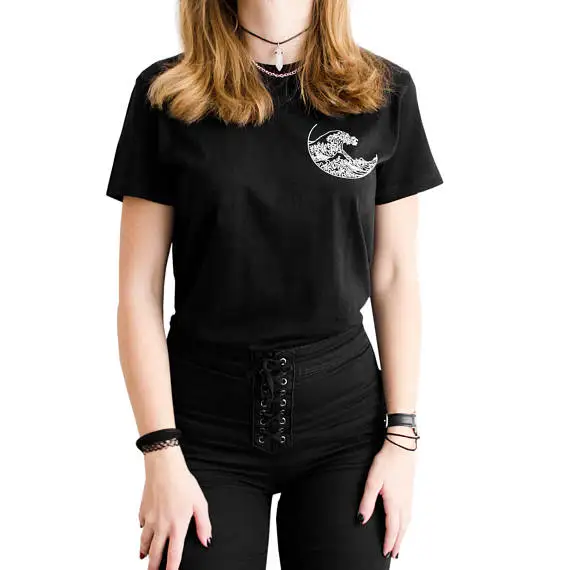 

Hot Sale Girl's Summer Cotton Tops&Tees Pocket Waves Printed Basic T shirts Harajuku Vogue Female Clothing Casual t Shirt Tumblr