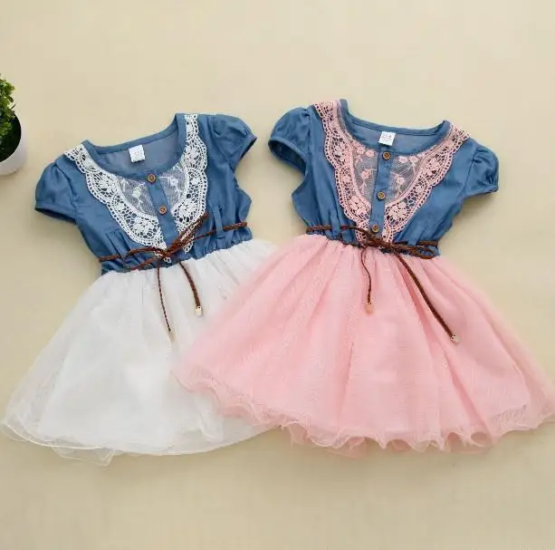 

2017 New Fashion Girls Baby Girls Dress Lace Belt Tutu Cowboy Dress Children Patchwork Mesh Dresses For Girl