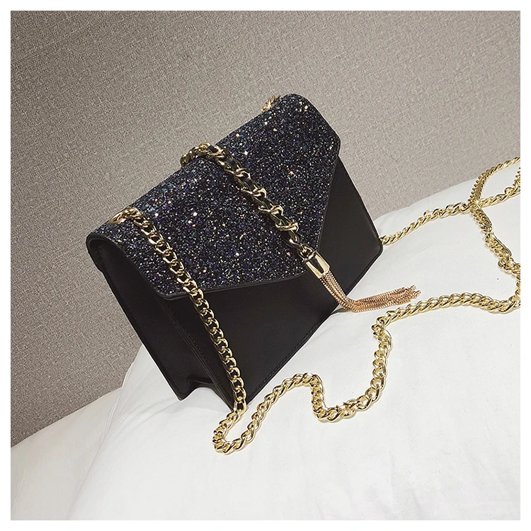 Модная Новая женская квадратная сумка с пайетками, Высококачественная женская дизайнерская сумка из искусственной кожи, Сумка через плечо с кисточкой и цепочкой