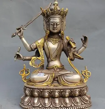 

9" Old Tibet buddhism Fane silver 3 head 4 arms kwan-yin GuanYin buddha statue