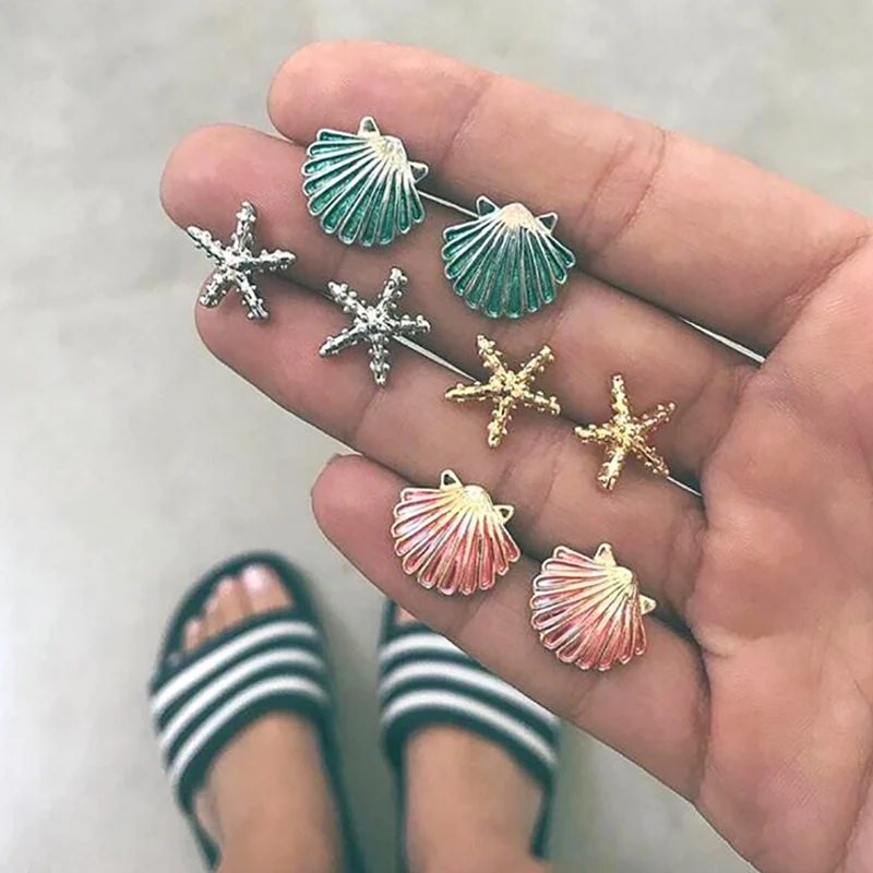 

Vintage Geometric Stud Earrings Set For Women 2019 Fashion Shell Small Earrings Summer Sandy beach Gifts