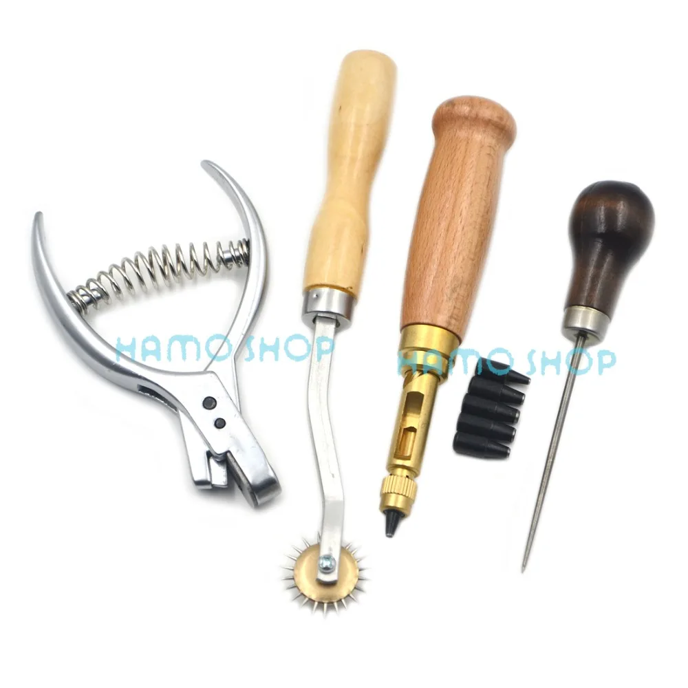 

Leather Craft 4pcs Sewing Tools Awl Overstitch Wheel Punch Drill Set Hole Needle DIY
