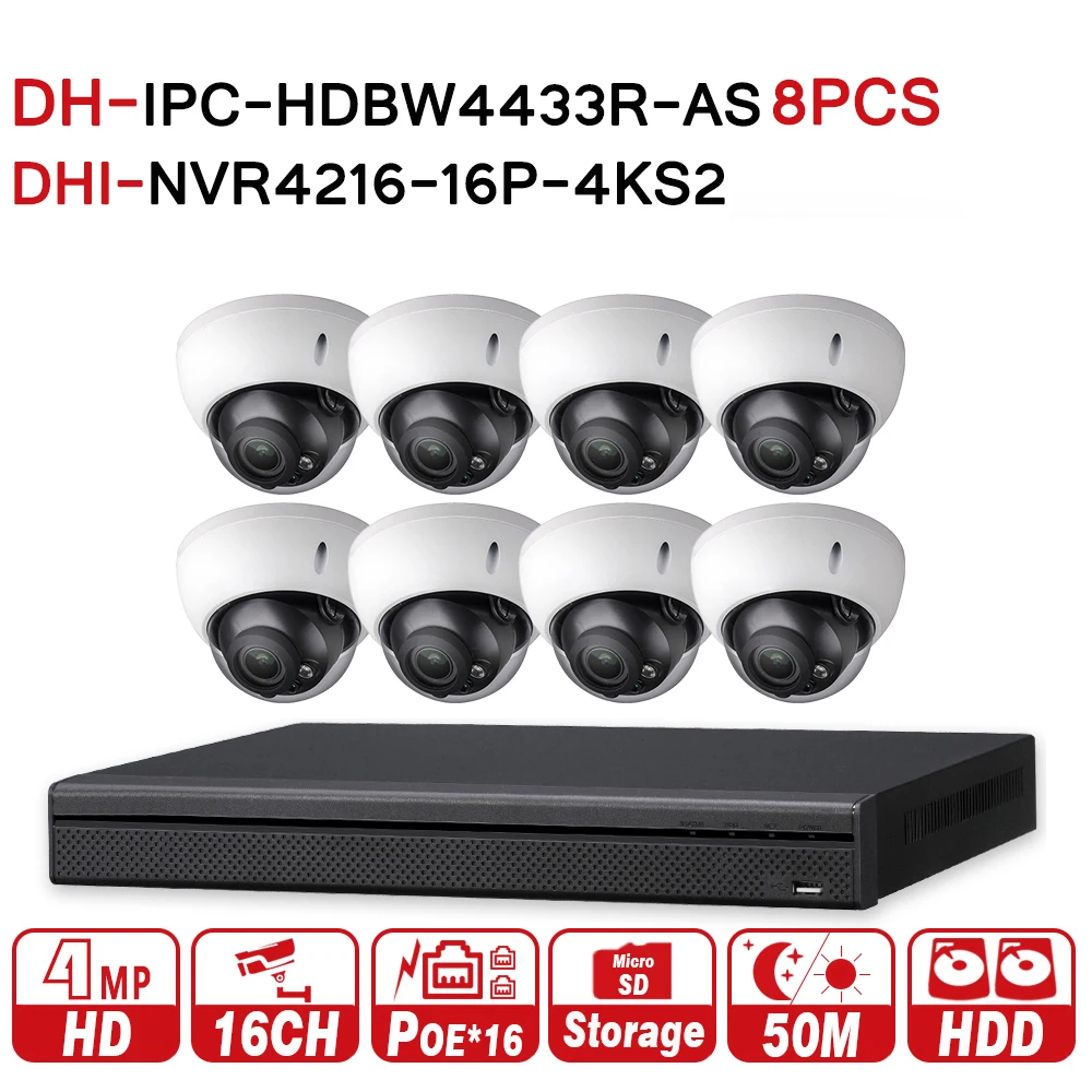 

DH Security CCTV Camera Kit 16POE 4K NVR4216-16P-4KS2 8pcs IP Camera IPC-HDBW4433R-AS P2P Surveillance System Easily Install