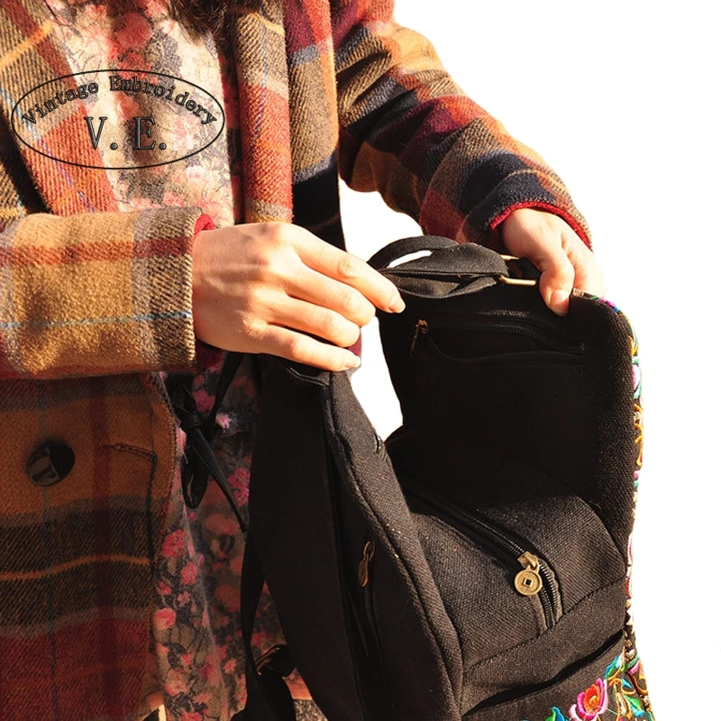Mochila de lona étnica bordada Vintage para mujer hecha a mano con flores bordadas bolsas de viaje Mochila