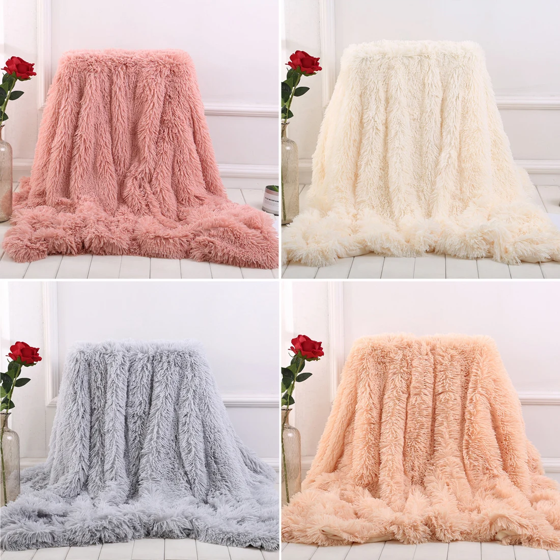 Soft Luxury Blanket Plush Shaggy Silky Blankets Faux Fur Throw Bedspread Red Summer Quilt Throw Blanket for Wedding Decor