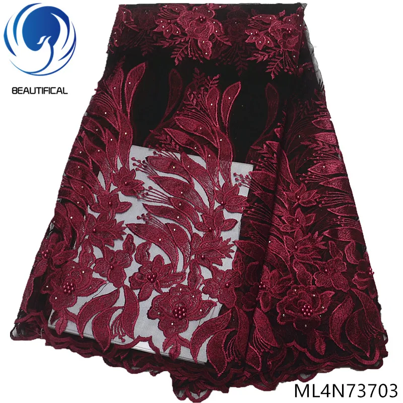 

Beautifical french mesh lace fabric african lace embroidered fabric african latest with beads 5yards per lot for sale ML4N737