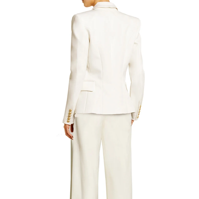 White Pants Suit Women Winter Suits Zipper Office Two Piece Set Jacket+ High Waist Wide Leg Pants Set Blazer Sets