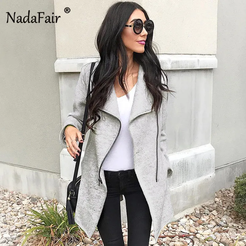 Nadafair new arrival asymmetric wool blend long coats women autumn winter thick casual jacket coat women skew zipper outwear