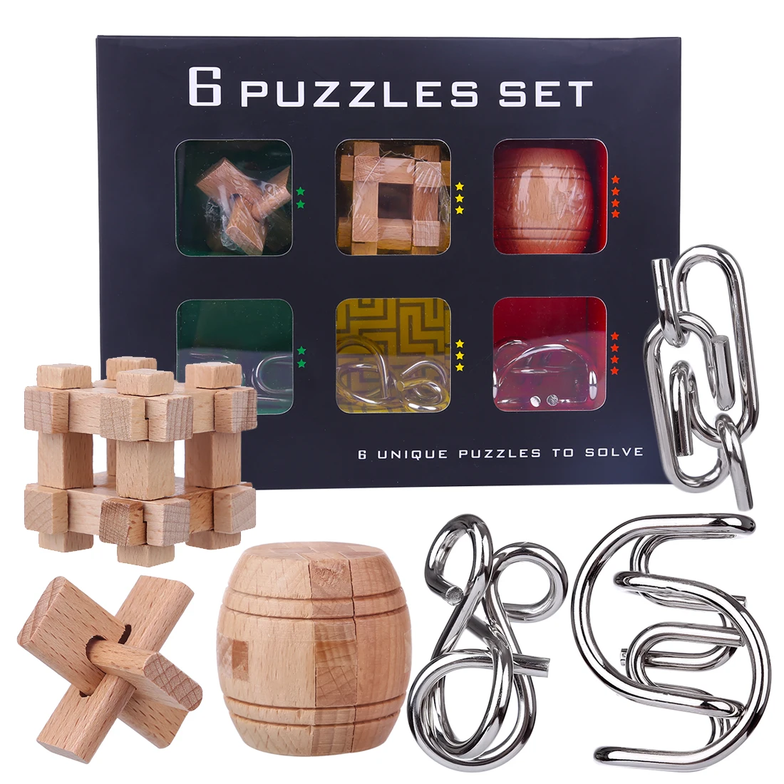 6Pcs Wooden Luban Lock Metal Intelligence Buckle Puzzle Set Educational Toy for Brain Teaser Kits- Black Box