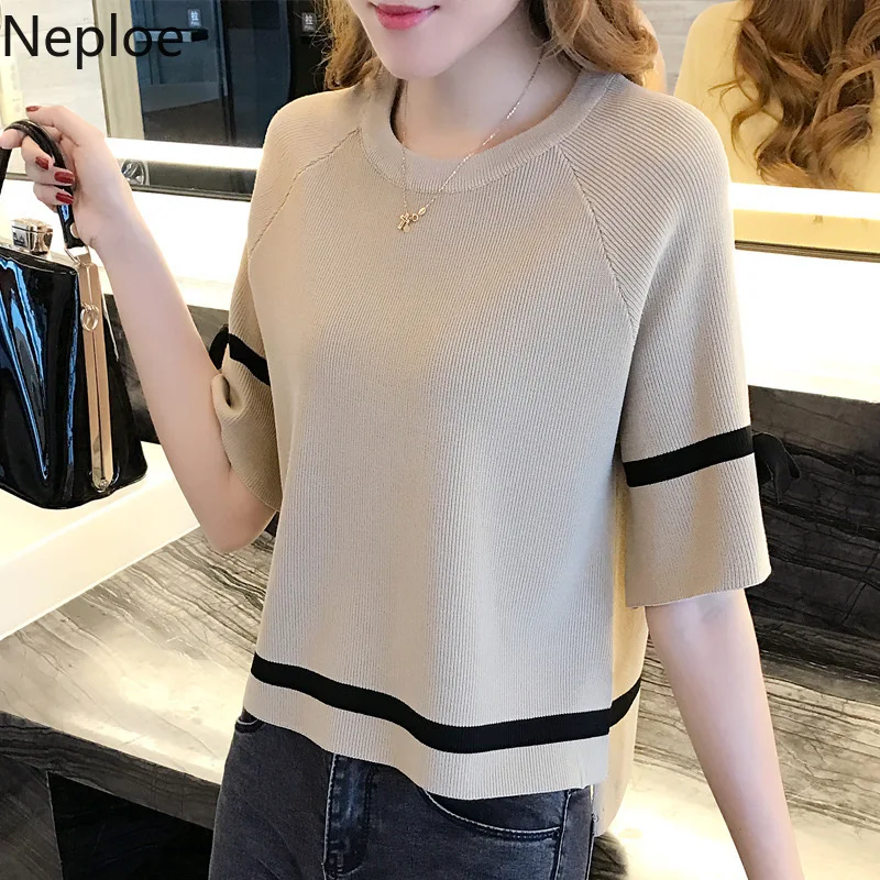 

Neploe Summer Knitted Pullover Tops Korean Loose Thin Ice Silk Knitted Bottom Shirt Half Sleeve Bow Tie Women Clothes 53694