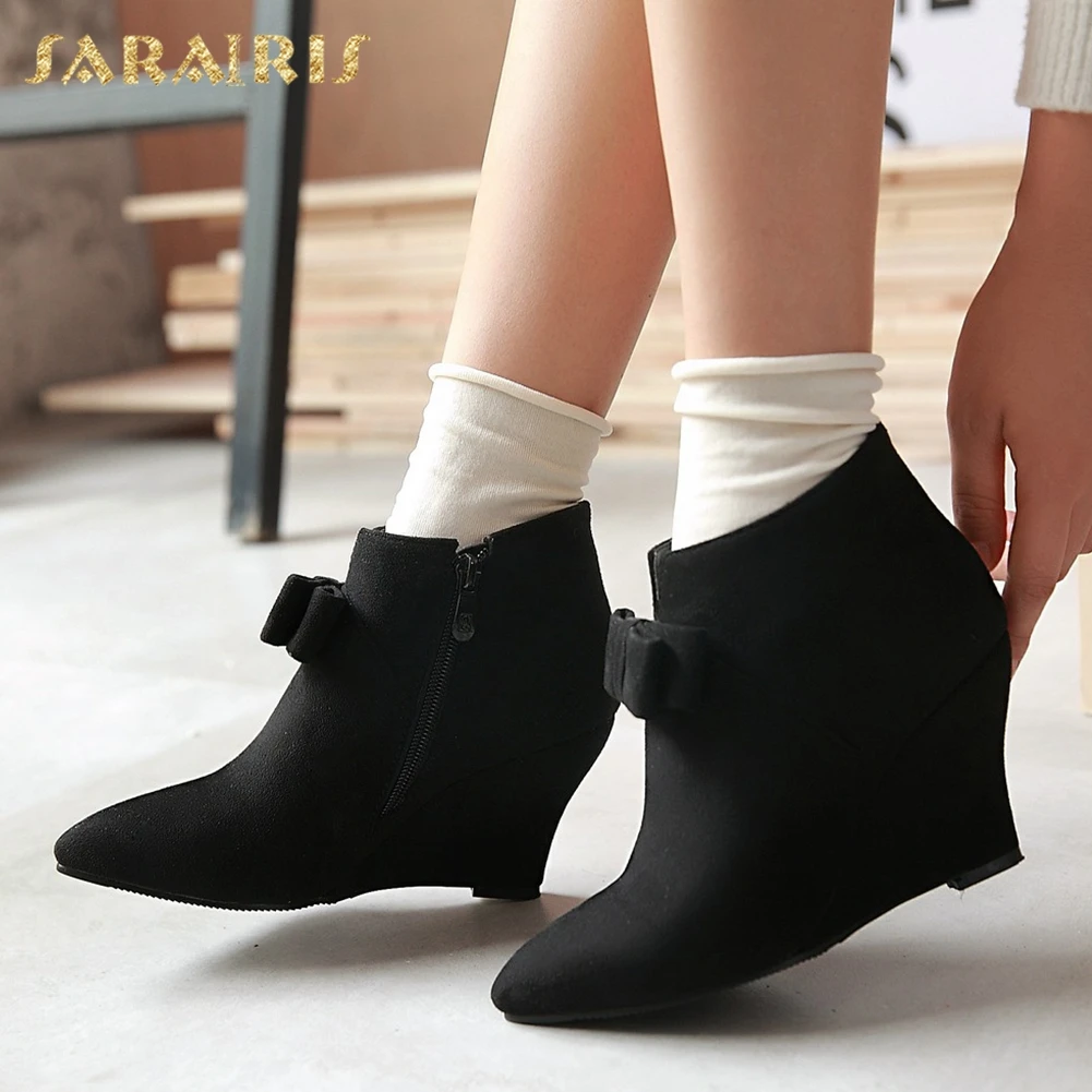 

SARAIRIS 2018 Big Size 34-43 Ankle Boots Sweet Bow Wedge High Heels Pointed Toe Party women's Shoes Black Woman Booties