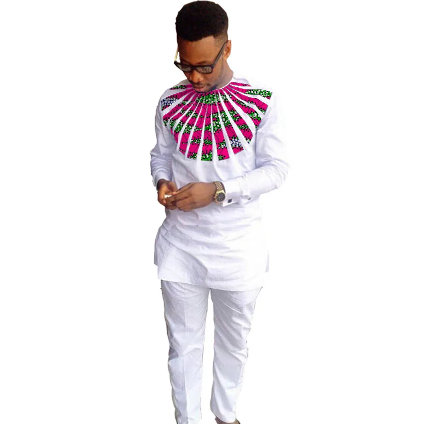 Модные африканские мужские комплекты одежды, топы+ брюки, комплект с принтом и белой хлопковой упаковкой, футболка с длинными рукавами и брюки, праздничный заказ - Цвет: 1