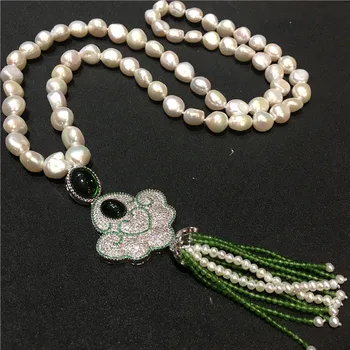 

Hand knotted new natural white baroque pearl long sweater chain green stone tassel necklace fashion jewelry