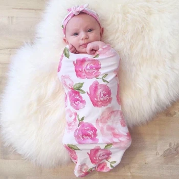 

KLV 2Pcs/Set Newborn Swaddle Blanket Baby Sleeping Bag Muslin Wrap Headband