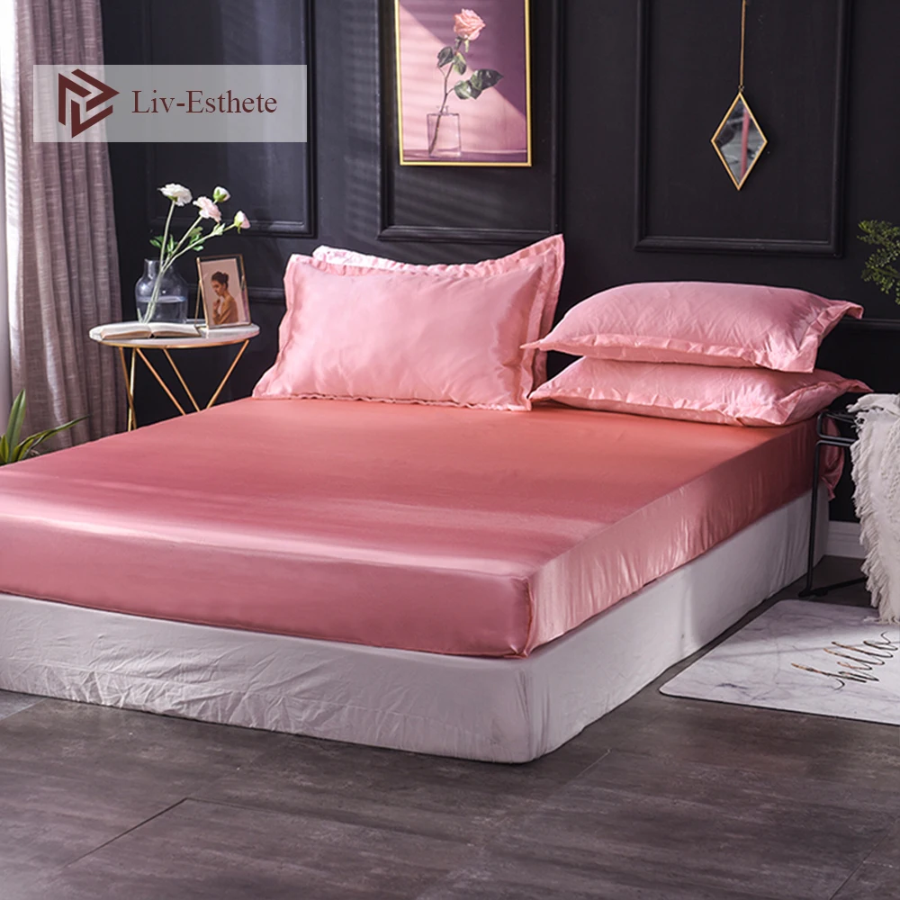 

Liv-Esthete Wholesale Luxury 100% Silk Pink Jade Fitted Sheet Silky Mattress Cover Elastic Band Decor Bed Sheets For Women Men